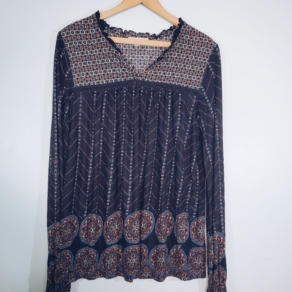 Vintage America Blue Orange Patterned Long Sleeve Blouse L